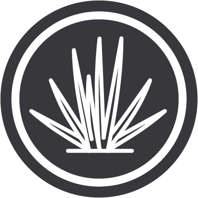 A black and white circular icon with a stylized agave plant in the center.