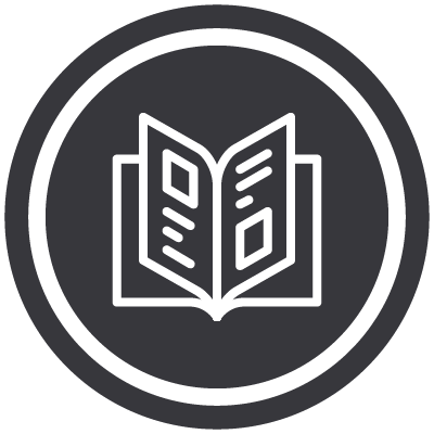 A circular icon with a white outline of an open book featuring text and images, set against a dark background.
