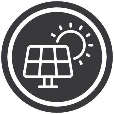 A circular icon with a solar panel in front of a sun, representing solar energy or renewable energy sources.