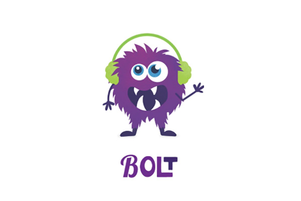 A cartoon purple furry monster with green headphones, two large eyes, and big teeth stands above the word 