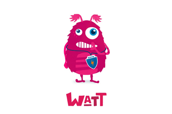 A pink cartoon monster with one large eye holds a shield with a lightning bolt and stands above the word 