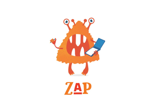 An orange, triangular, cartoon monster with three eyes holds a phone in one hand and a laptop in the other. The word 