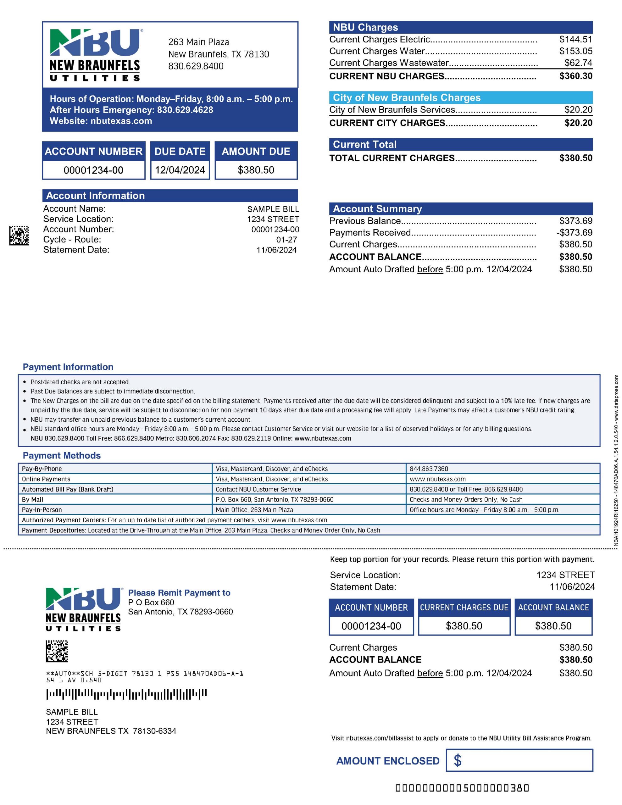 A utility bill from New Braunfels Utilities shows an amount due of $380.50 for electricity, water, sewer, and other services, with a due date of 12/04/2024.