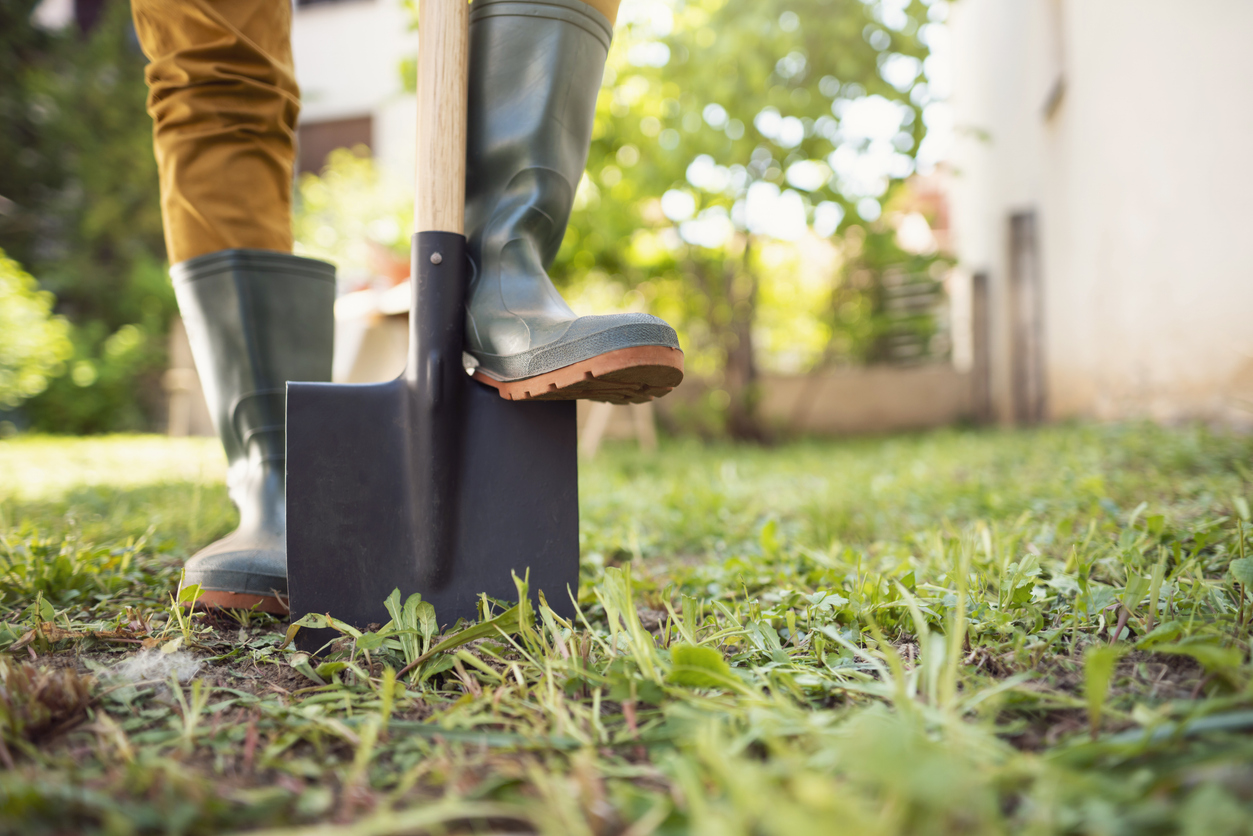 Person with shovel removing grass from their yard.