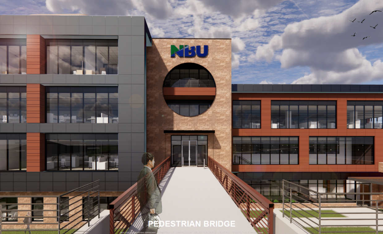 NBU Headquarters rendering of the view from the pedestrian bridge