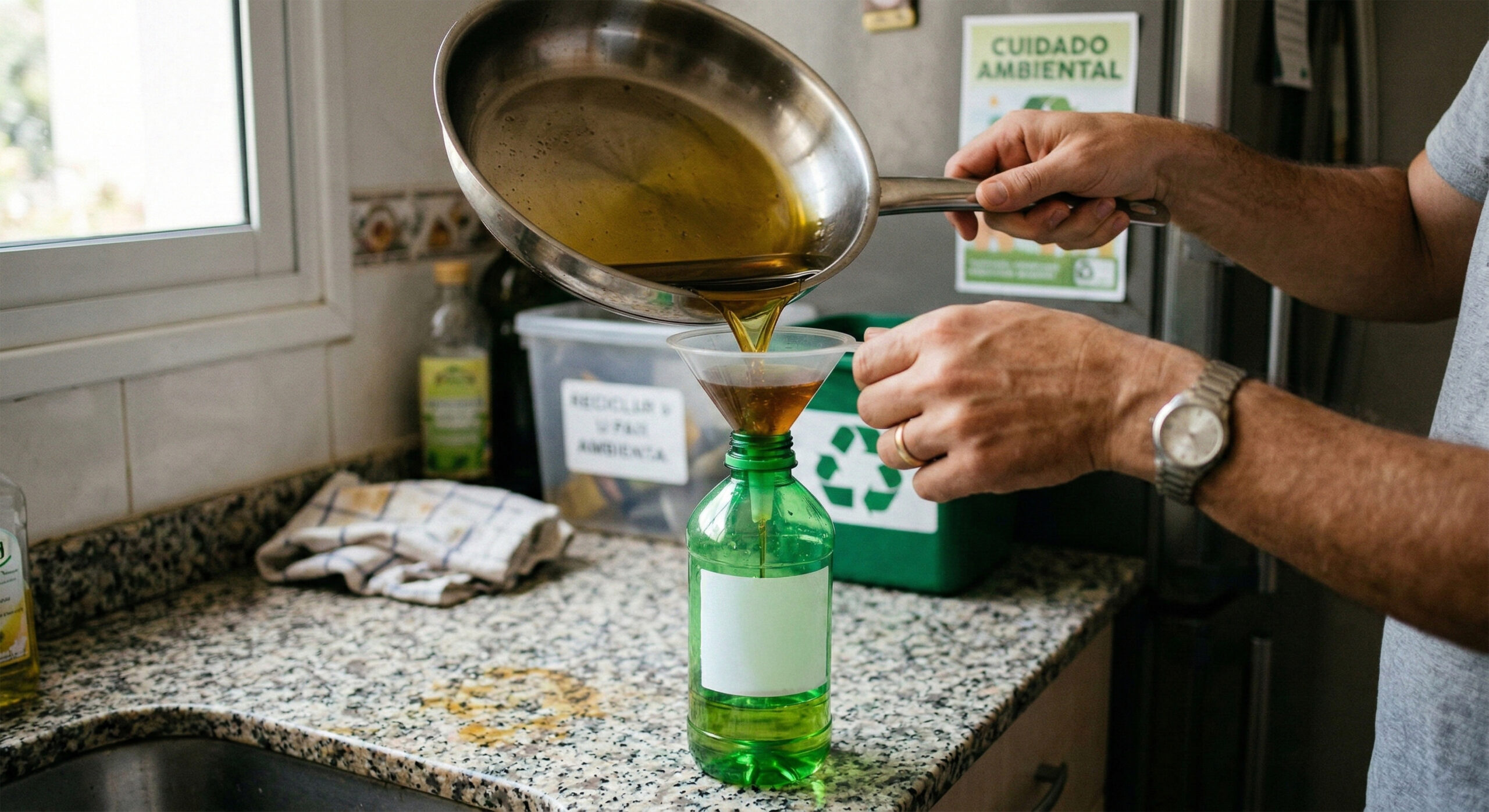ng used cooking oil through funnel into plastic bottle for further environmentally friendly recycling process